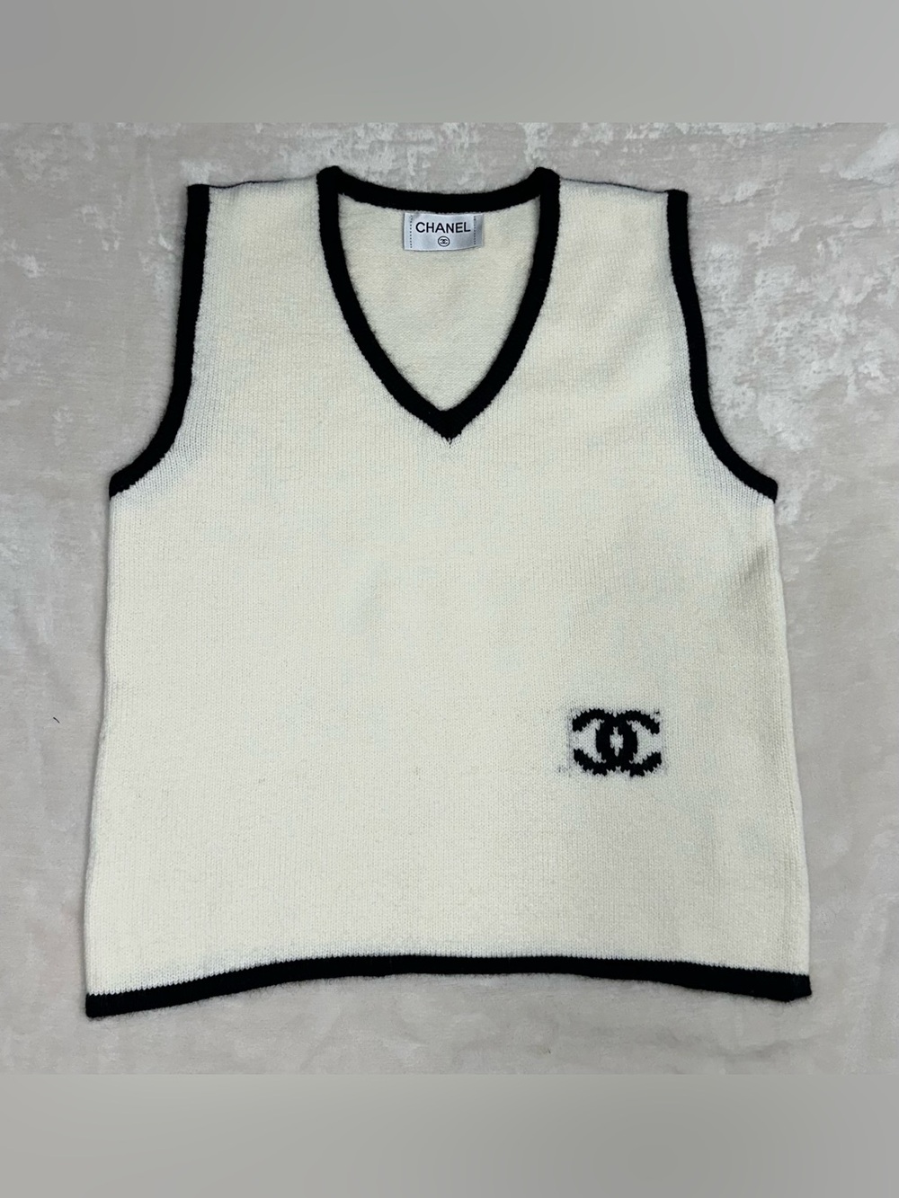 CHANEL Cream V-Neck Knit Sweater Vest with Black Trim
